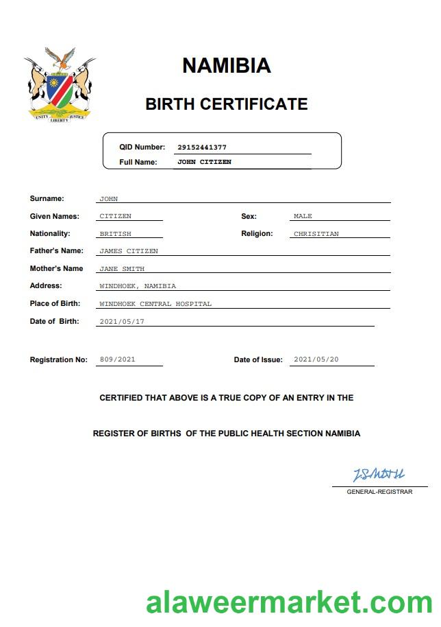 Namibia birth certificate Word and PDF template